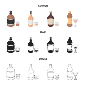 威士忌, 白酒, 朗姆酒, 苦艾酒。酒精集合图标在卡通, 黑色, 轮廓风格矢量符号股票插图