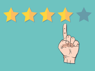 手指着五颗星之一。评分, 评估, 成功, 反馈, 评审, 质量和管理理念。矢量图示, 无透明度