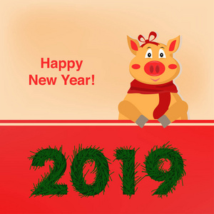 新年贺卡快乐。可爱的猪弓。动物标志的2019