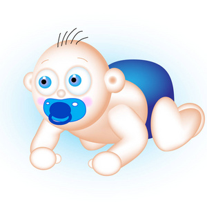 蓝色的眼睛在蓝色尿布和蓝色奶嘴爬行在柔和的蓝色背景的婴孩
