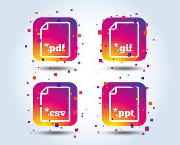下载文档图标。文件扩展符号。PdfGifCsv 和 Ppt 演示符号。颜色渐变方形按钮。平面设计理念。向量