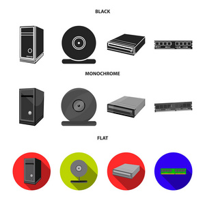 系统单元存储卡等设备。个人计算机集图标黑色, 平面, 单色样式矢量符号股票插画网站