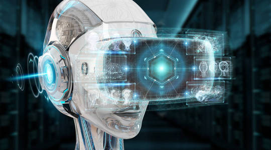 蓝色背景3d 渲染的虚拟现实与人工智能图解