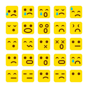 矢量黄色的微笑图标集。emoji 表情.表情符号脸, 悲伤, 矢量插图艺术