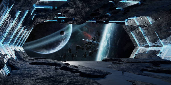 巨大的蓝小行星飞船内部3d 渲染元素的这幅图片由 Nasa 提供