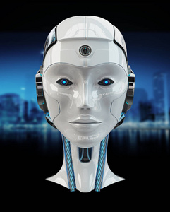 黑背景3d 渲染的机器人头人工智能