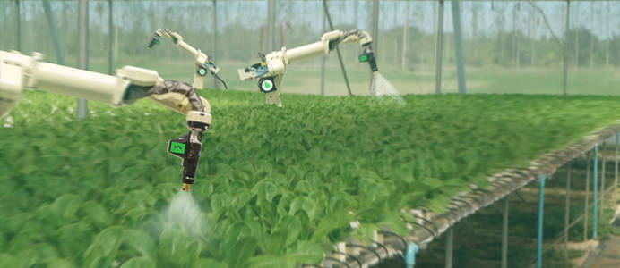 智能机器人在农业未来的概念, 机器人农民 自动化 必须编程工作, 以喷洒化学, 肥料或提高效率, 种植种子, 收割, 减少时