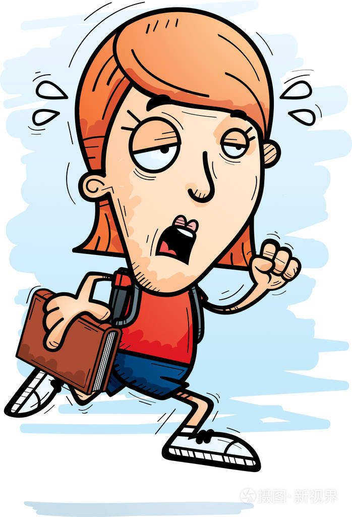 一个女学生跑步和看起来筋疲力尽的卡通插图