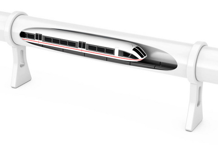 超高速未来磁悬浮列车在一个白色背景的真空隧道中移动。3d 渲染