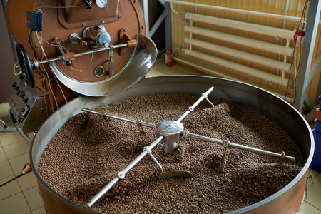 在咖啡加工厂车间采用新鲜棕咖啡豆的现代滚筒焙烧机的观点