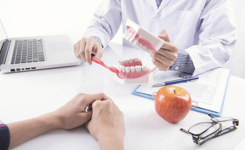 牙科医生显示清洁刷牙义齿或牙颌模型, 牙科仪器在牙医办公室