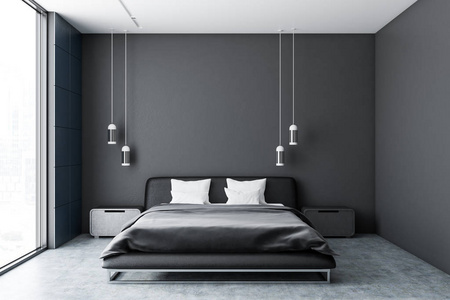 现代卧室内有灰瓦墙混凝土地板灰色主床和全景窗。3d 渲染模拟