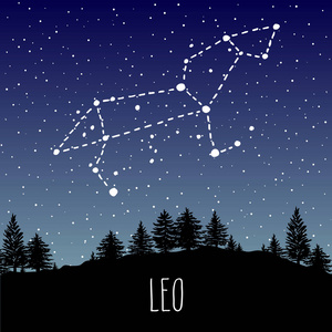 狮子座的手在针叶林的夜空中绘制星座星座。矢量图形占星术插图。自然中的西方星座神秘符号
