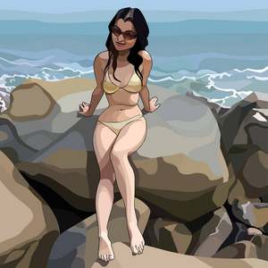 穿泳装的卡通女郎坐在海边的岩石上
