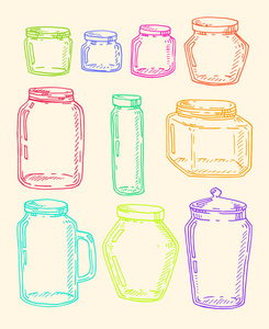 矢量手画插图与五颜六色的罐子。厨房用具素描集。已隔离的复古样式对象集合