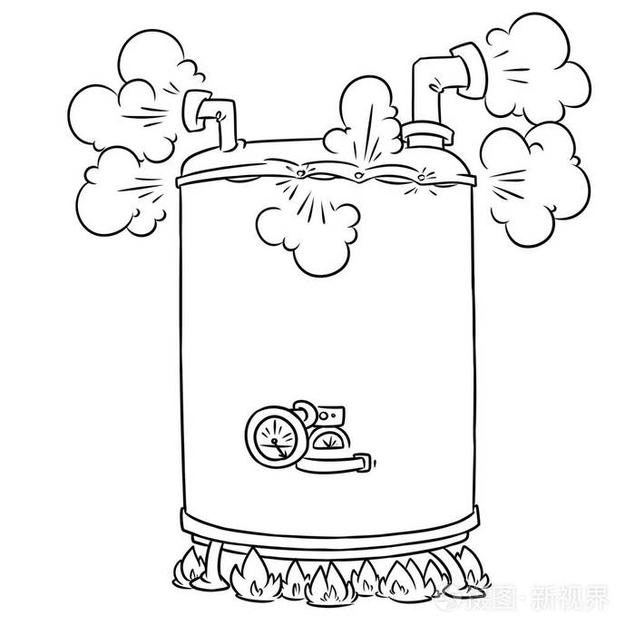 沸腾蒸汽锅炉卡通插图隔离图像着色页