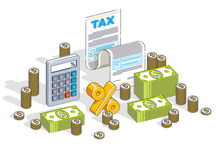 税形式或纸法律文件与现金栈和计算器隔绝在白色背景上