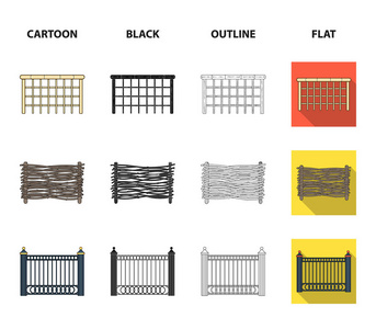 一块金属和砖块的栅栏, 木栅栏。一个不同的围栏集合图标在卡通, 黑色, 轮廓, 平面风格矢量符号股票插画网站