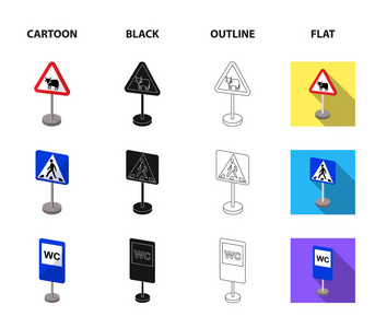 不同类型的路标卡通, 黑色, 轮廓, 平面图标集集合为设计。警告和禁止标志矢量符号股票 web 插图