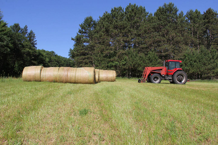 农业拖拉机和圆捆捆的干草