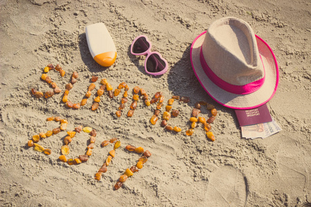 铭文夏天到 2017 年，享受日光浴和护照与货币欧元在海滩，夏天时间概念的配件
