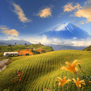 形象的神圣富士山背景下的蓝色 s