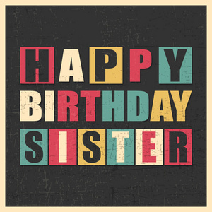 生日快乐姐姐在黑色的背景，在黄色框 grunge 形状上。贴纸，复古礼物海报