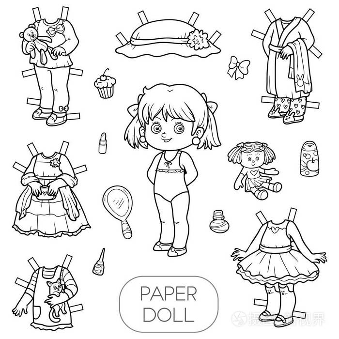 黑色和白色矢量集, 纸娃娃和衣服