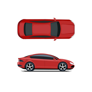 红色的车。查看从上面和侧面。绘图网格而不是一个渐变的容量。白色背景上的孤立。插图