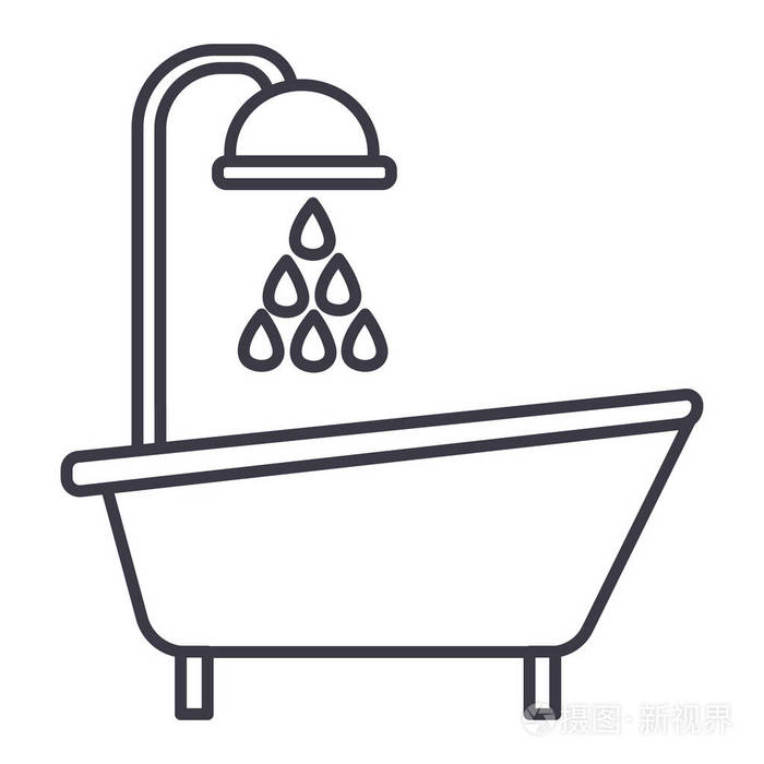 浴缸淋浴矢量线图标, 标志, 插图背景,可编辑笔触
