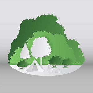 夏季露营剪纸风格。山 树 人在野餐的概念。矢量图