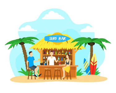 卡通冲浪海滩酒吧暑假旅游概念。矢量