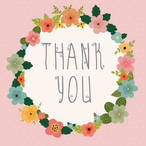 感谢您的卡片。粉红色背景明亮花卉框架
