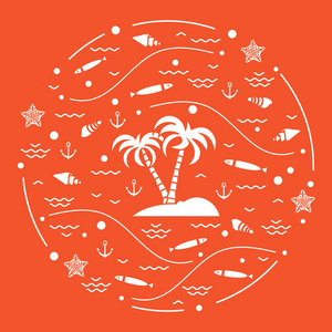 可爱的矢量图和鱼，岛上的棕榈树，锚