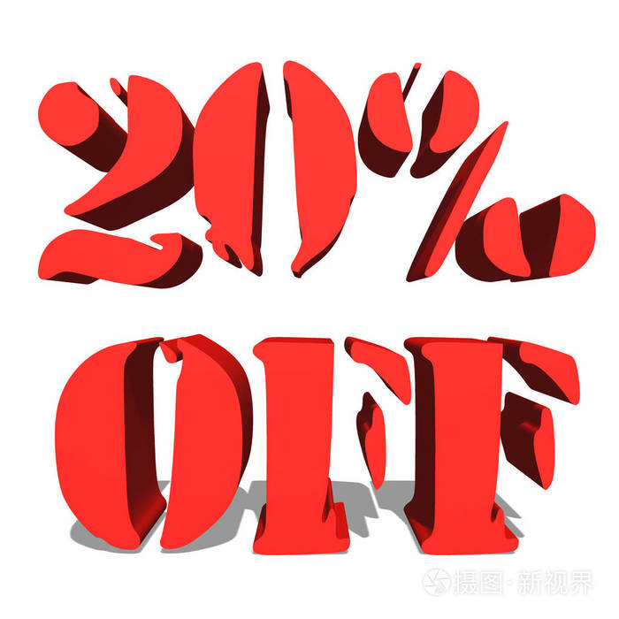 20%的折扣红字白底图 3d 渲染