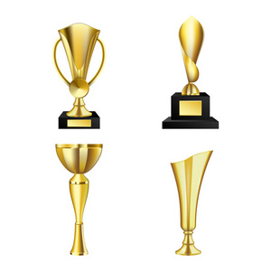 美丽的金色奖杯和获奖的不同形状现实套上白色背景矢量图孤立