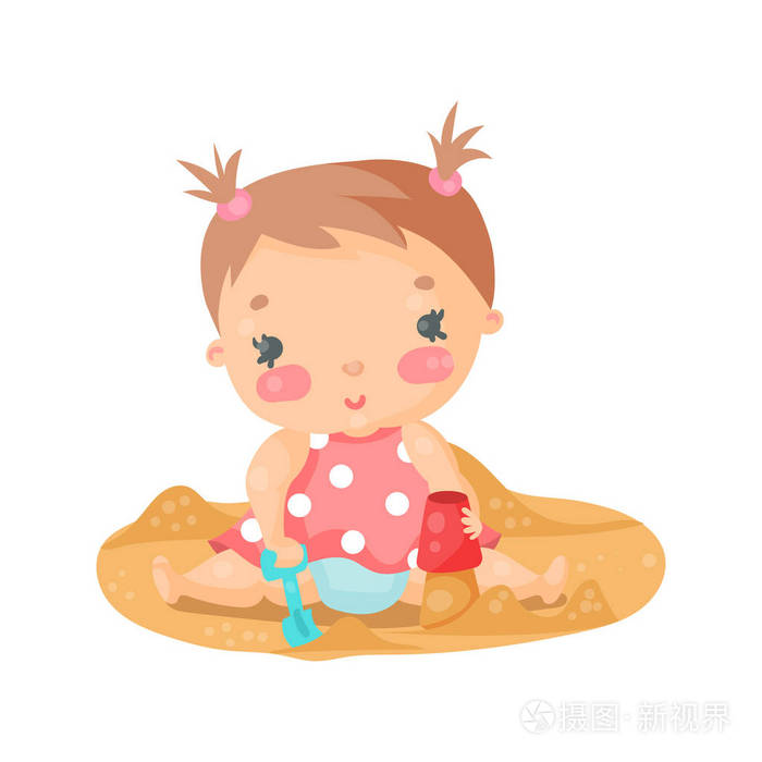 可爱的卡通小女孩玩沙的丰富多彩的人物矢量图