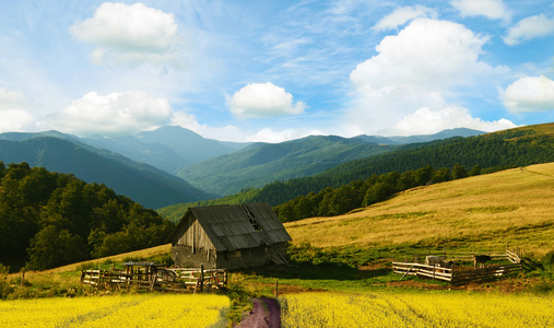 在山里，有黄色字段和蓝蓝的天空中美丽的风景