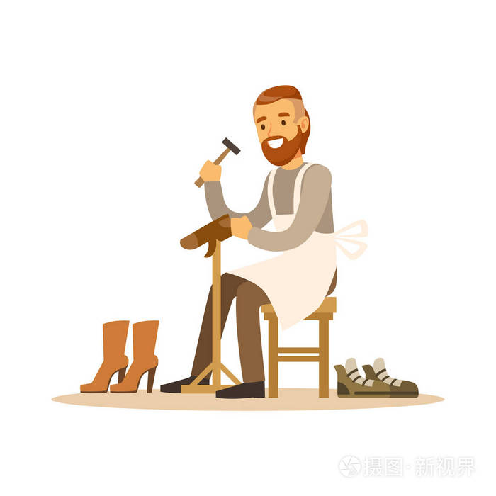 鞋匠补鞋在车间的丰富多彩的人物矢量图