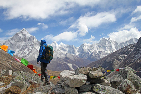徒步旅行者和在喜马拉雅山的山峰