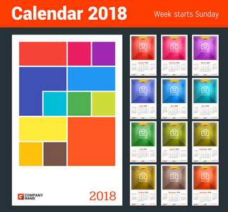 墙上的日历为 2018 年。矢量设计打印模板与照片的地方。上周日的周开始