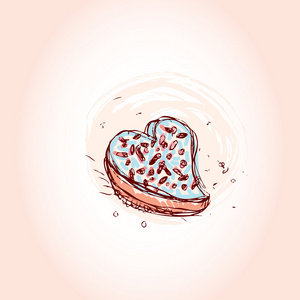 心手上的素描画粉红色背景的形状的蛋糕。矢量