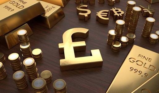 投资和银行概念。金色的英镑符号和硬币