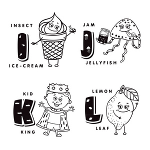 字母表字母 I J K L 描绘一个冰激淋 水母 孩子和柠檬。矢量字母表
