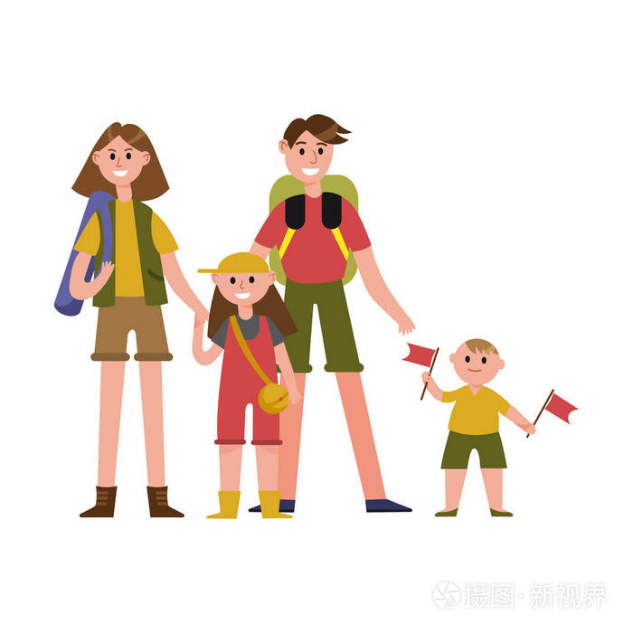 快乐的父母与孩子在暑假卡通人物,野营旅行矢量图