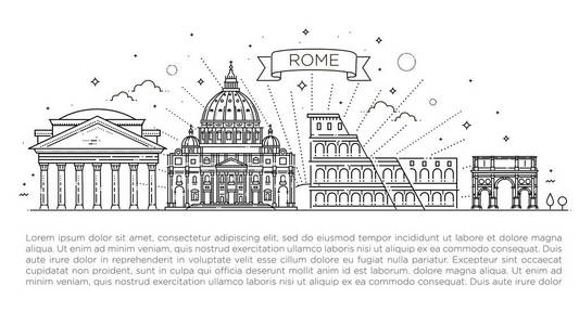 梵蒂冈罗马意大利的线性矢量图标。罗马的旅游景点