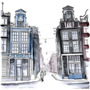 阿姆斯特丹的街道。水彩风格