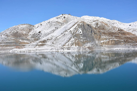 山雪与智利的咸水湖的景观