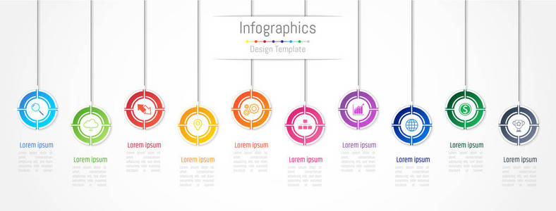 您的业务数据与 10 选项 零件 步骤 时间线或过程的信息图表设计元素。矢量图
