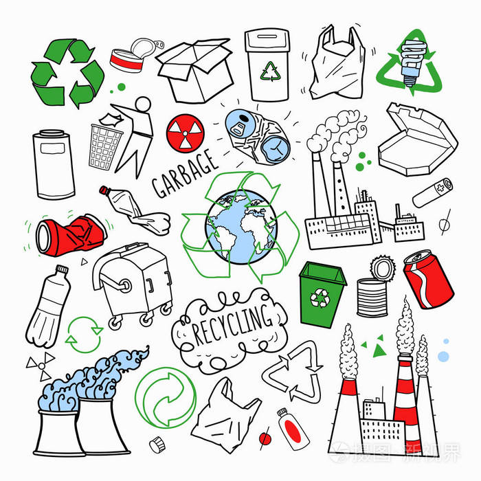 生态学和回收行业手绘涂鸦.环境, 能源, 污染.矢量图